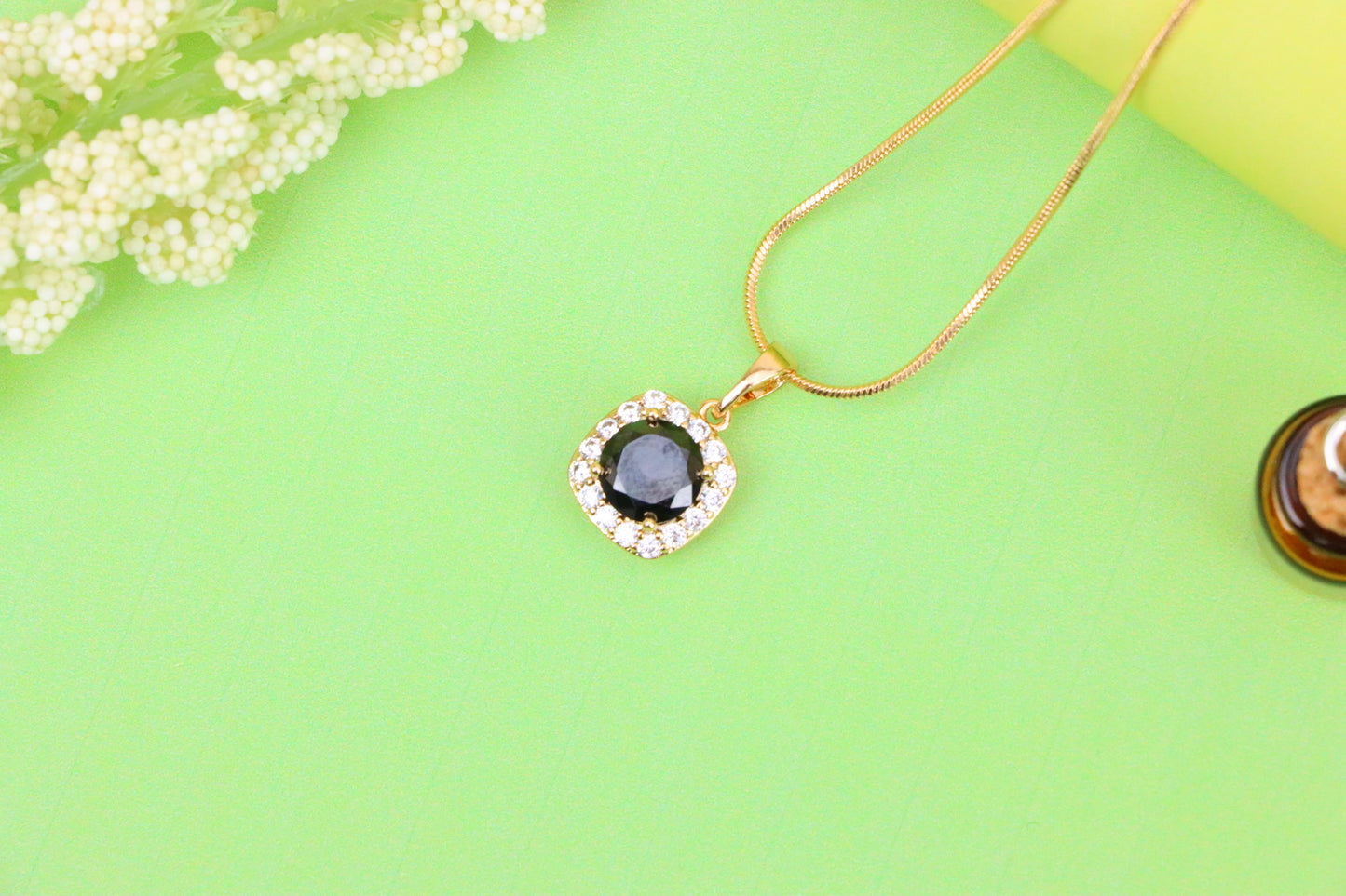 Black Round Stone Pendant in Gold Plated Brass with Crystal Halo, XPPT1771 (2152-8)