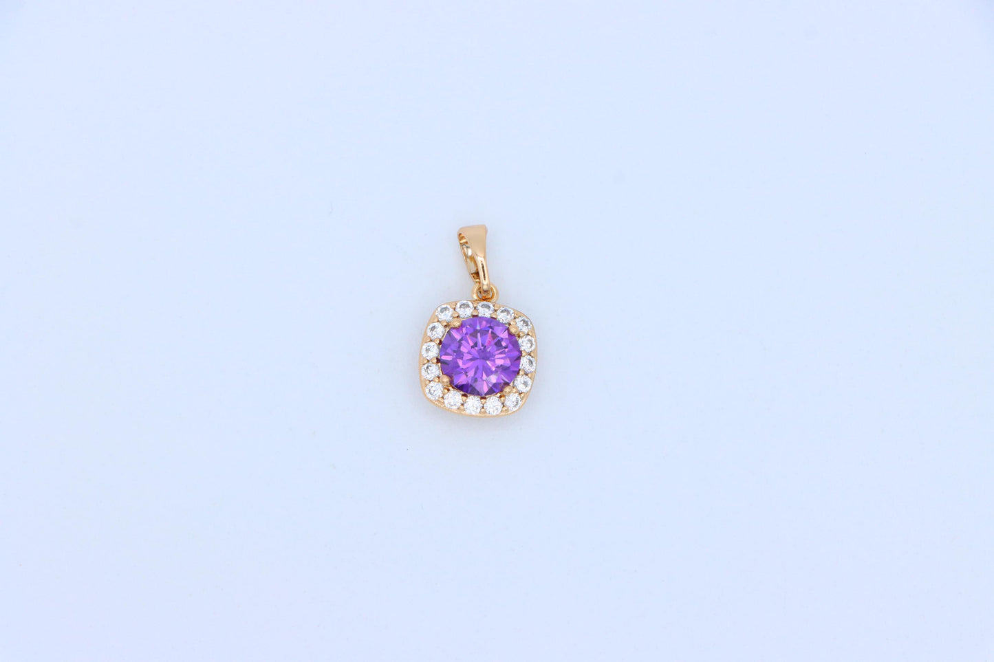 Purple Round Stone Pendant in Gold Plated Brass with Crystal Halo, XPPT1772 (2152-8)