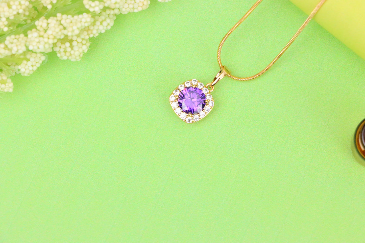 Purple Round Stone Pendant in Gold Plated Brass with Crystal Halo, XPPT1772 (2152-8)