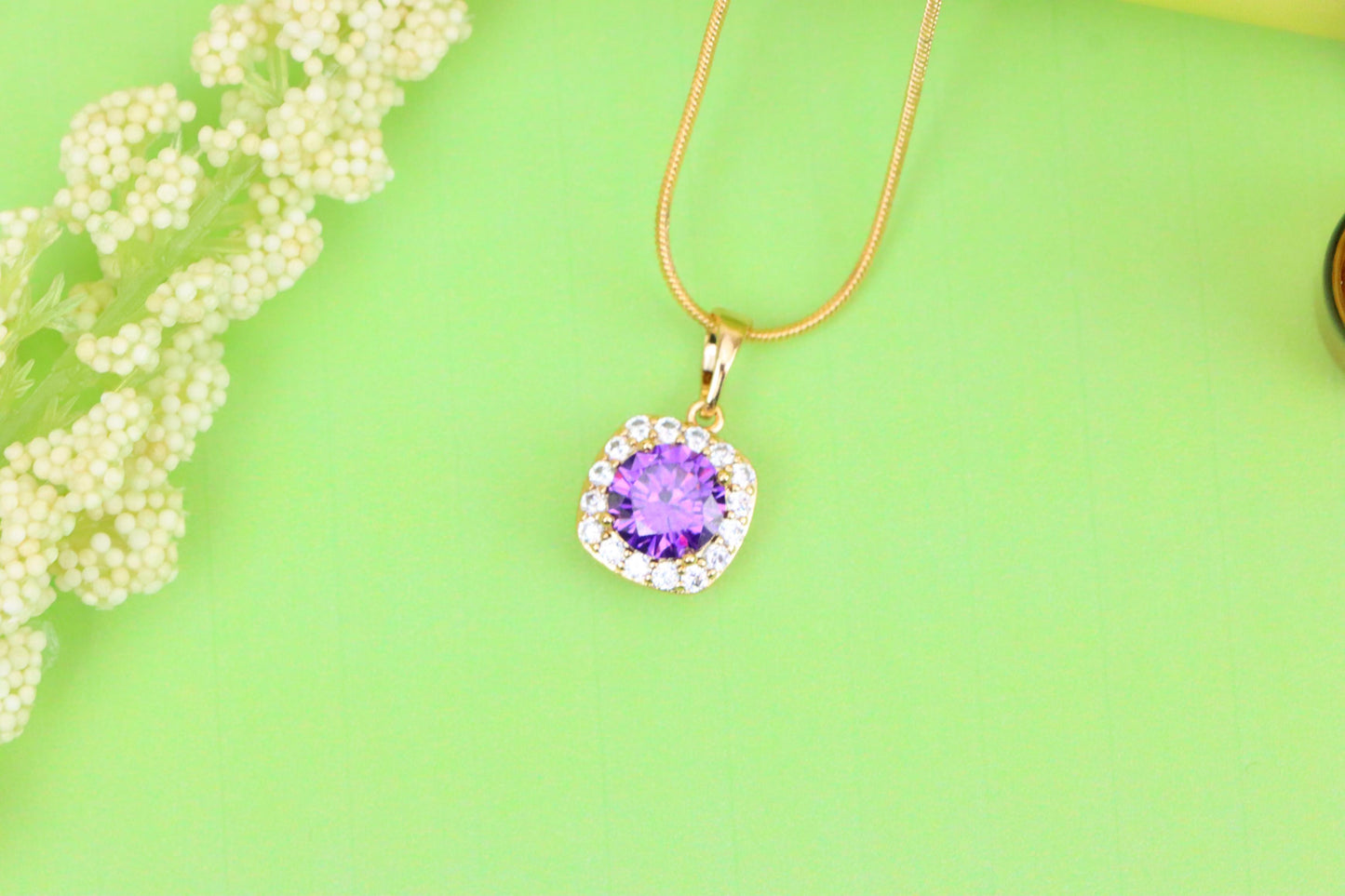 Purple Round Stone Pendant in Gold Plated Brass with Crystal Halo, XPPT1772 (2152-8)
