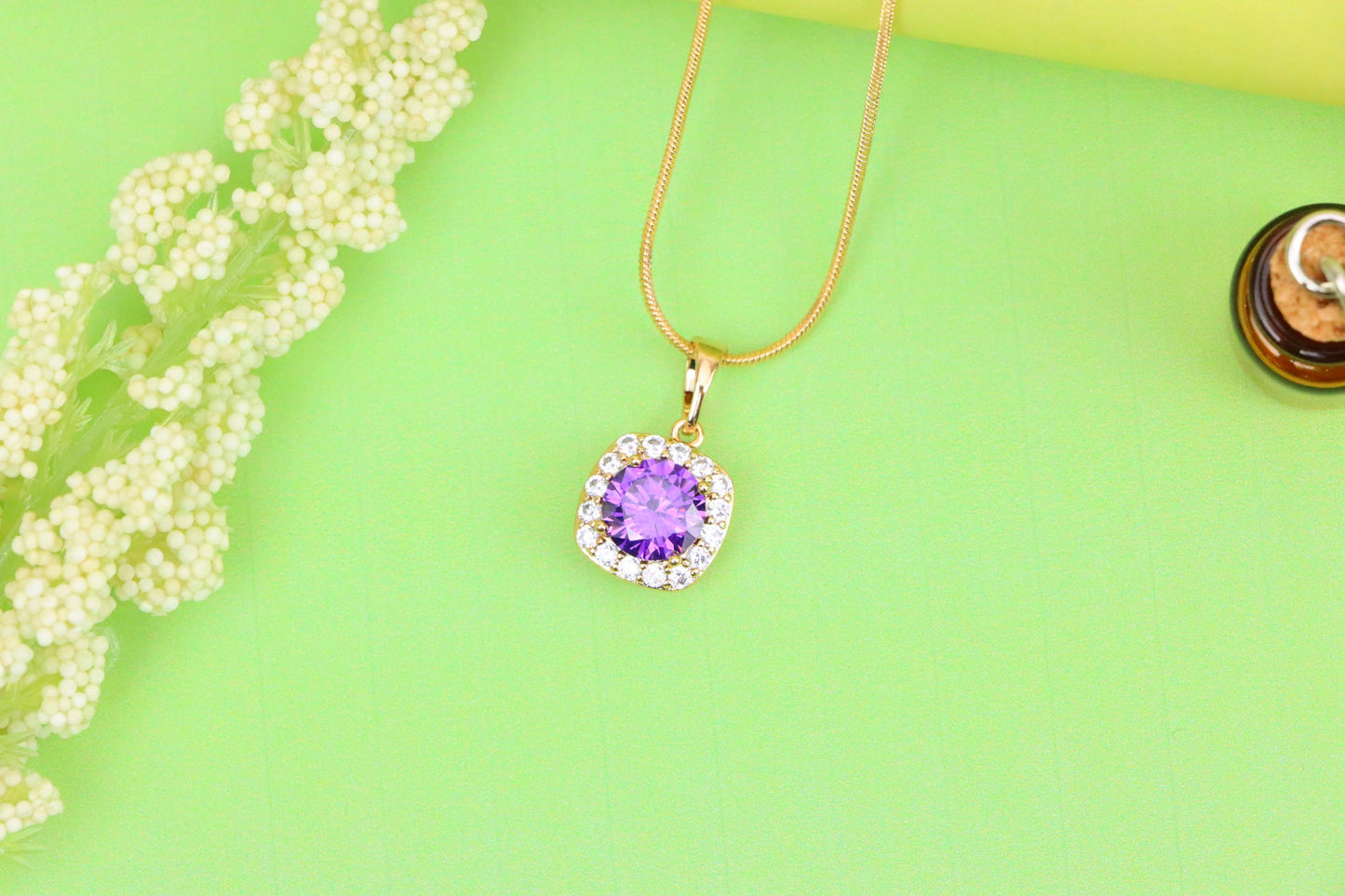 Purple Round Stone Pendant in Gold Plated Brass with Crystal Halo, XPPT1772 (2152-8)
