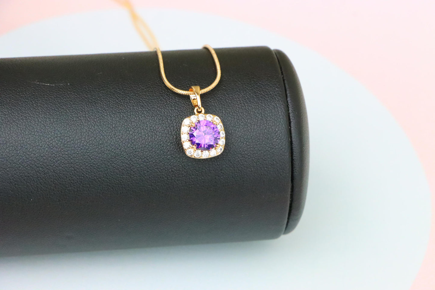 Purple Round Stone Pendant in Gold Plated Brass with Crystal Halo, XPPT1772 (2152-8)