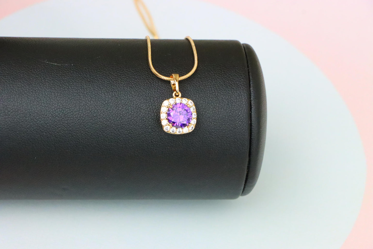 Purple Round Stone Pendant in Gold Plated Brass with Crystal Halo, XPPT1772 (2152-8)
