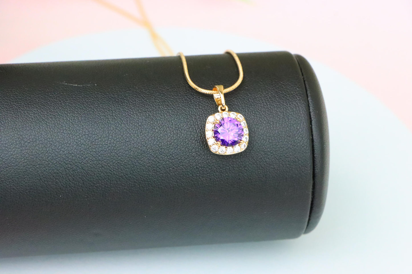 Purple Round Stone Pendant in Gold Plated Brass with Crystal Halo, XPPT1772 (2152-8)