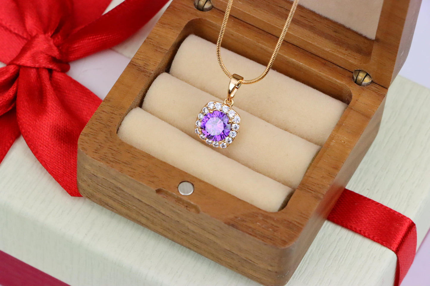 Purple Round Stone Pendant in Gold Plated Brass with Crystal Halo, XPPT1772 (2152-8)