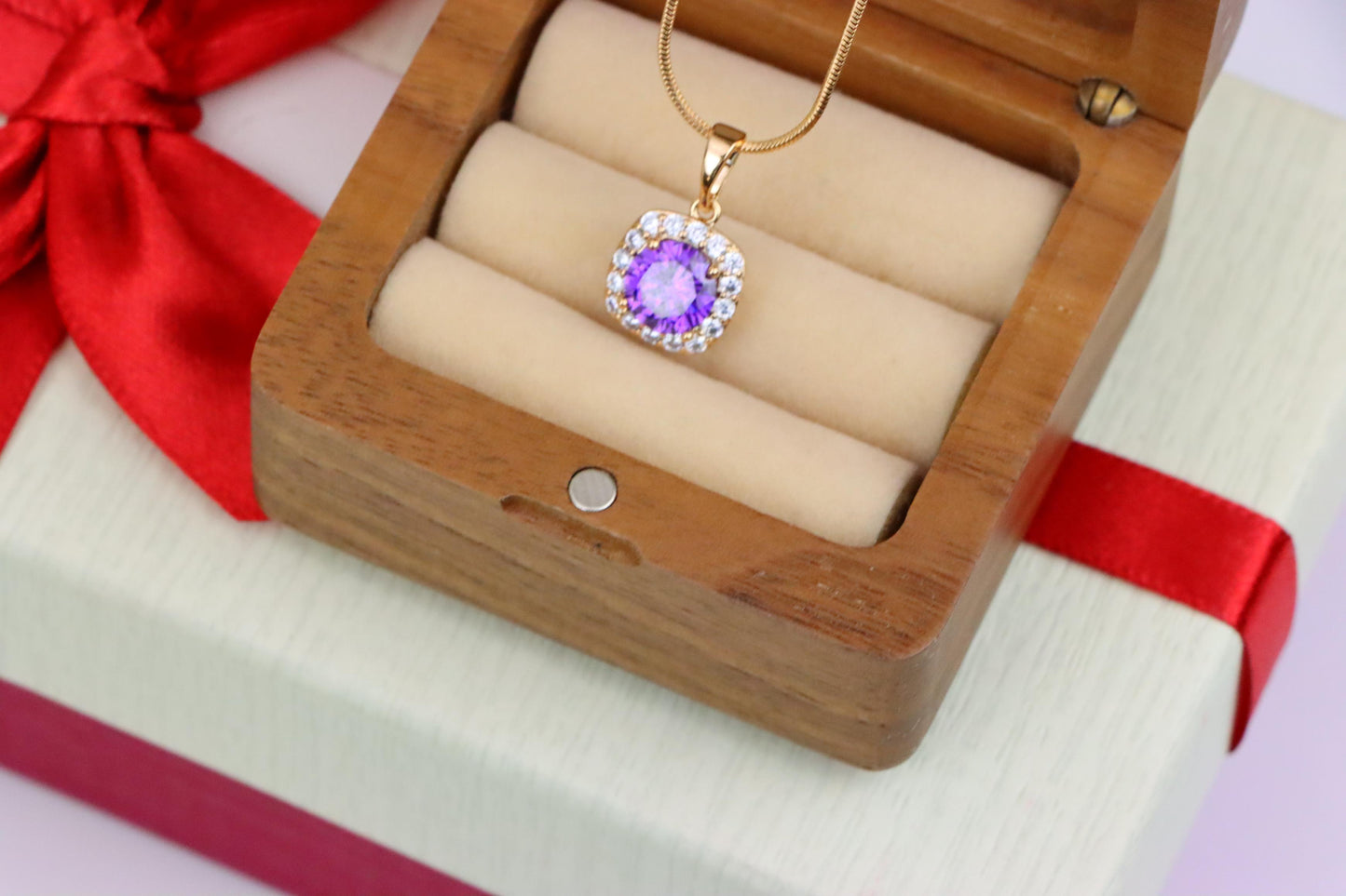 Purple Round Stone Pendant in Gold Plated Brass with Crystal Halo, XPPT1772 (2152-8)