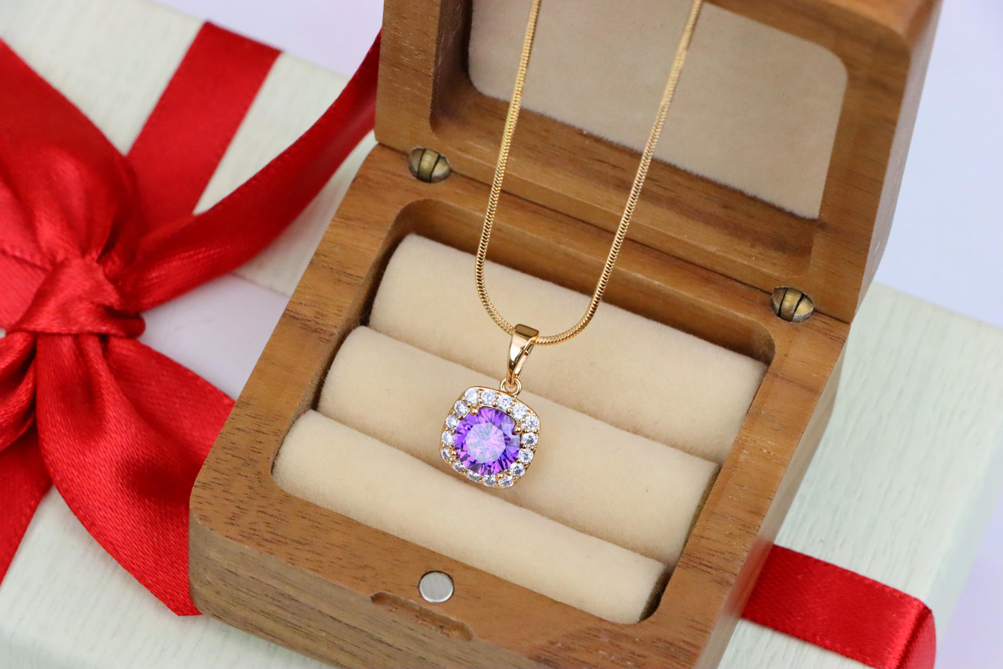 Purple Round Stone Pendant in Gold Plated Brass with Crystal Halo, XPPT1772 (2152-8)