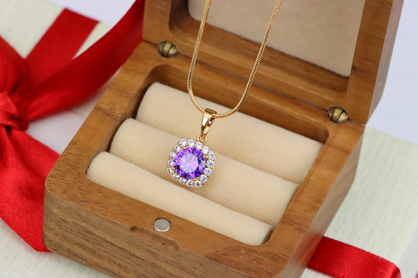 Purple Round Stone Pendant in Gold Plated Brass with Crystal Halo, XPPT1772 (2152-8)