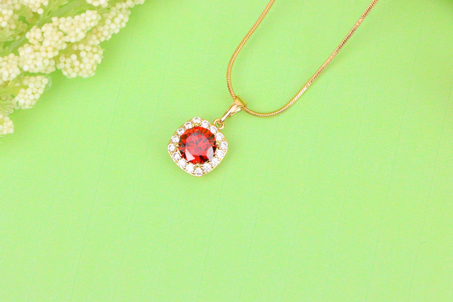 Red Round Stone Pendant in Gold Plated Brass with Crystal Halo, XPPT1773 (2152-8)