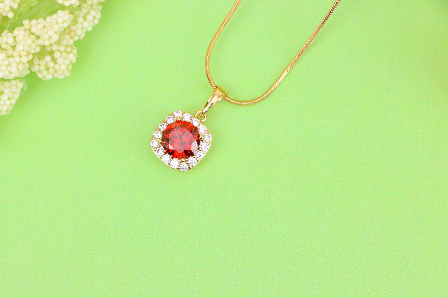 Red Round Stone Pendant in Gold Plated Brass with Crystal Halo, XPPT1773 (2152-8)