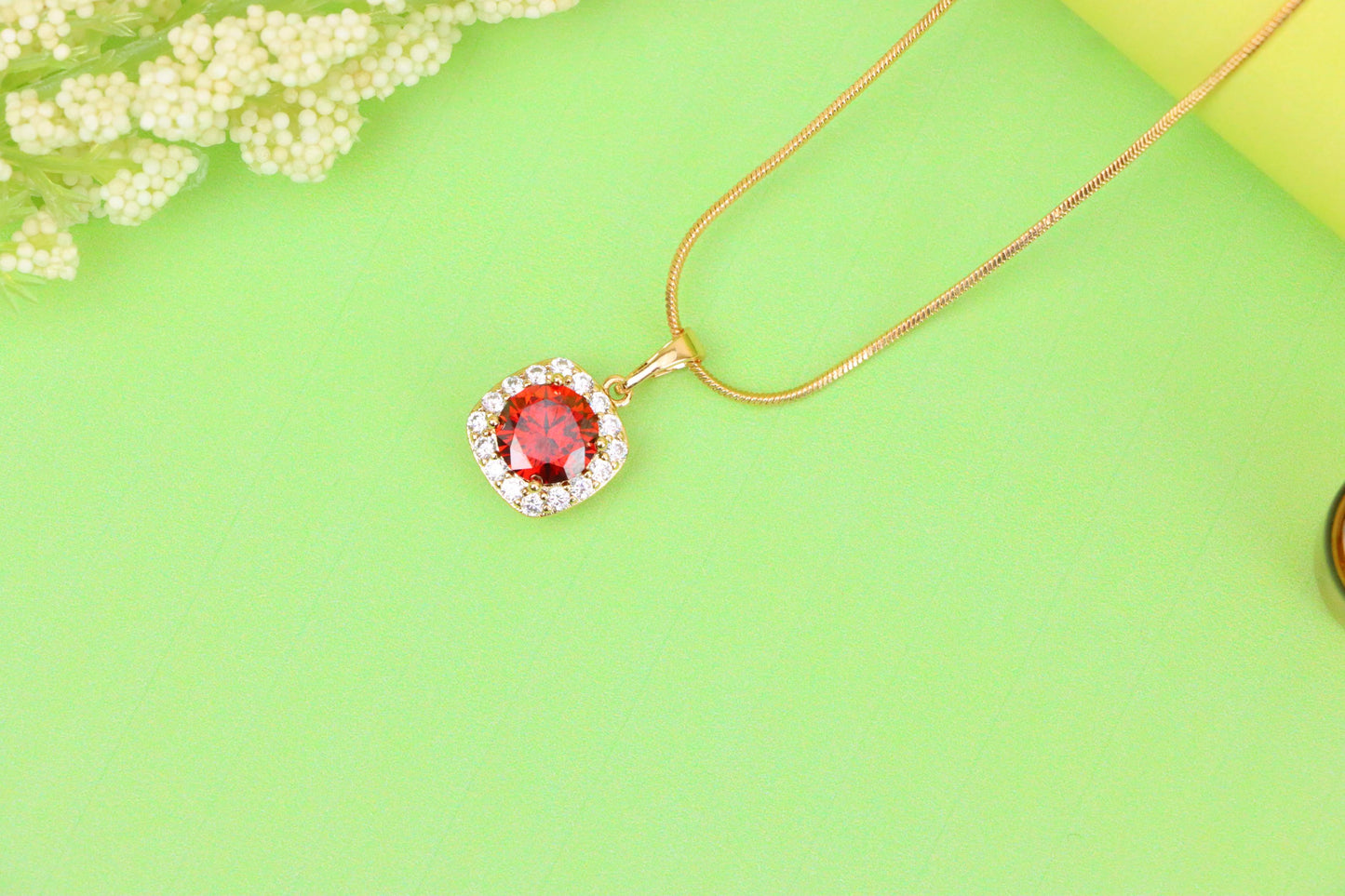 Red Round Stone Pendant in Gold Plated Brass with Crystal Halo, XPPT1773 (2152-8)