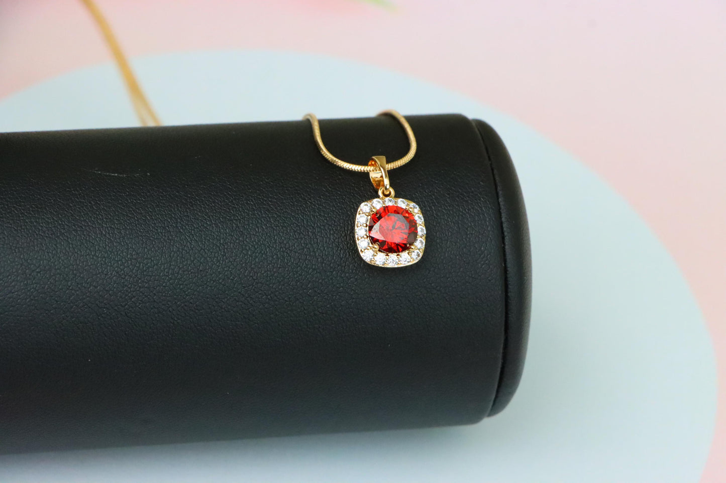 Red Round Stone Pendant in Gold Plated Brass with Crystal Halo, XPPT1773 (2152-8)