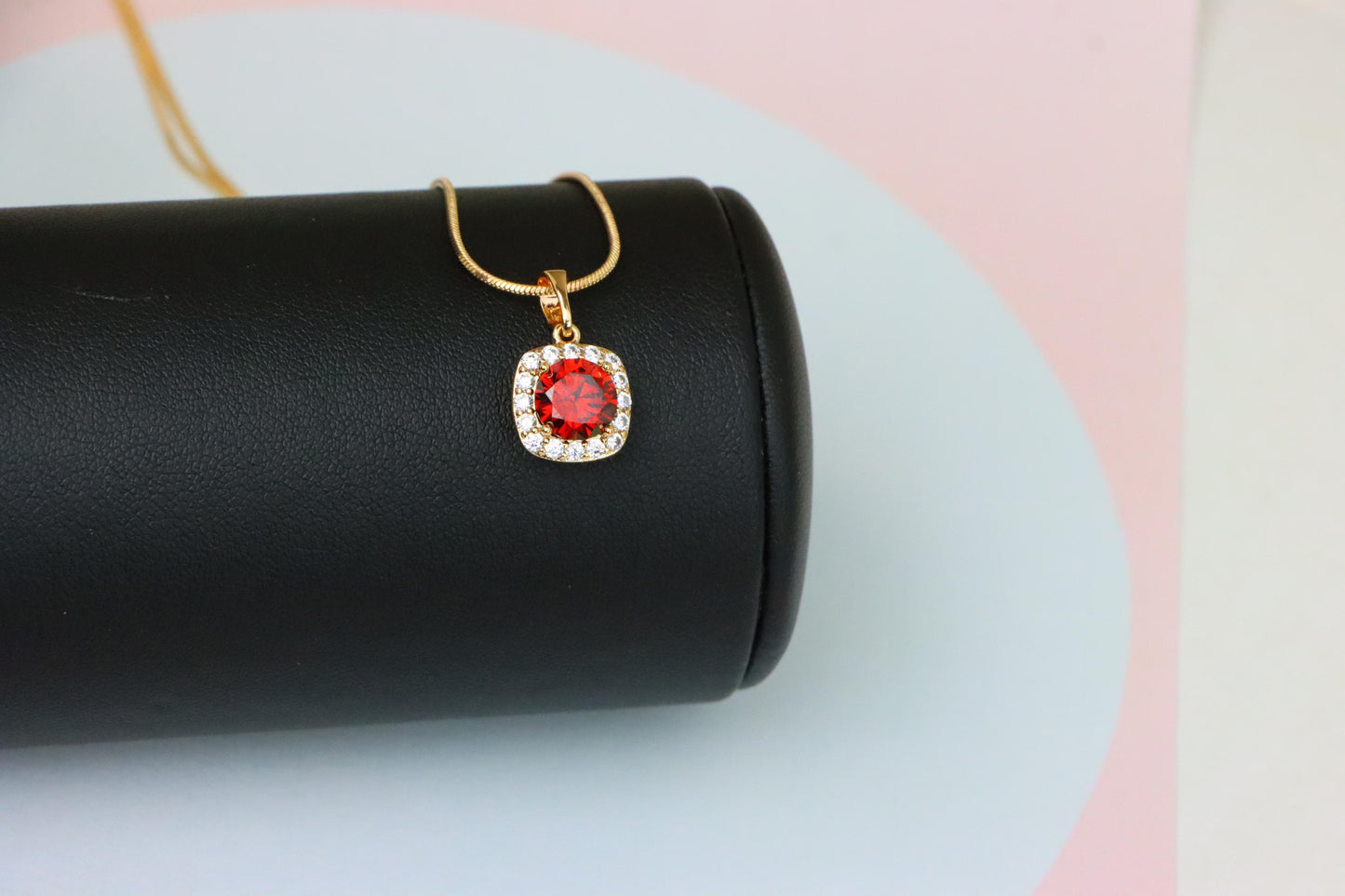 Red Round Stone Pendant in Gold Plated Brass with Crystal Halo, XPPT1773 (2152-8)