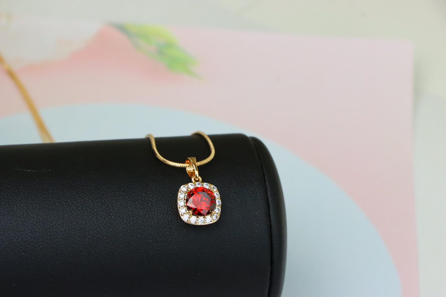 Red Round Stone Pendant in Gold Plated Brass with Crystal Halo, XPPT1773 (2152-8)