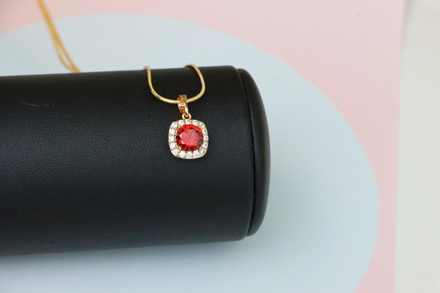 Red Round Stone Pendant in Gold Plated Brass with Crystal Halo, XPPT1773 (2152-8)