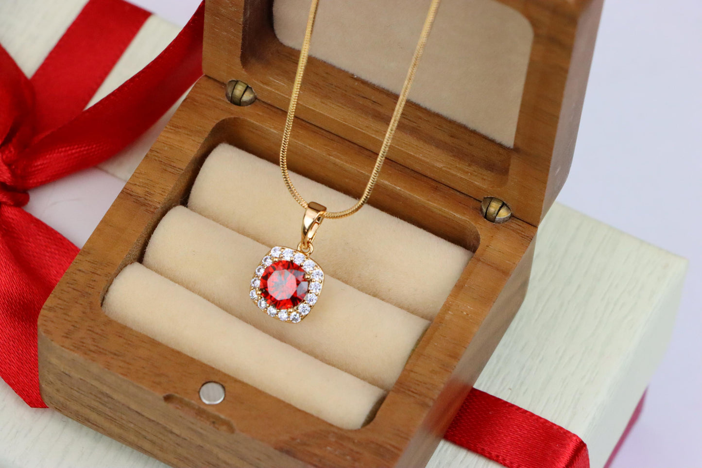Red Round Stone Pendant in Gold Plated Brass with Crystal Halo, XPPT1773 (2152-8)