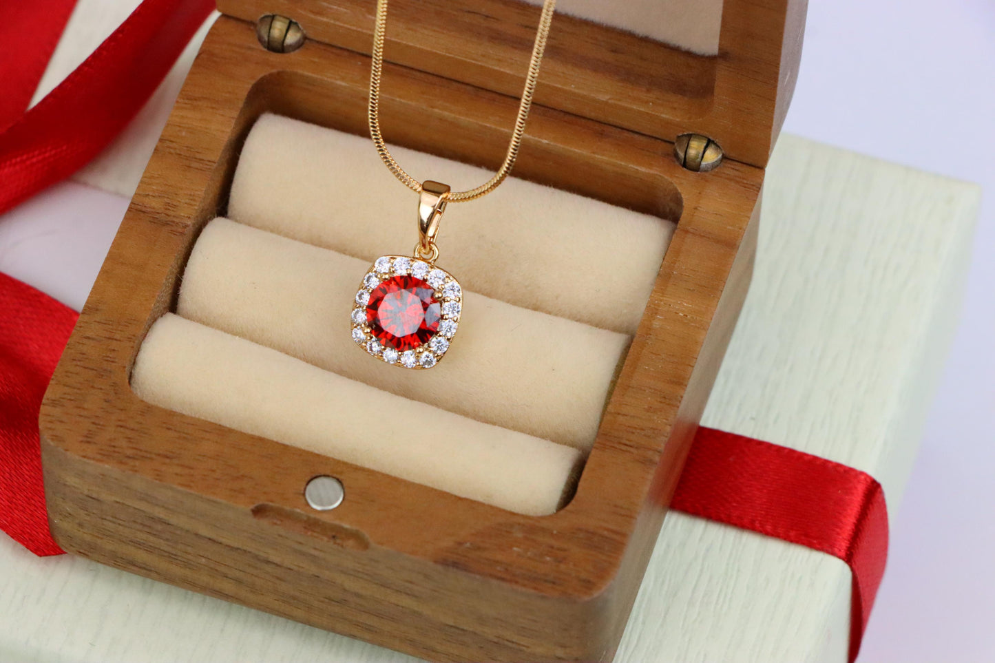 Red Round Stone Pendant in Gold Plated Brass with Crystal Halo, XPPT1773 (2152-8)