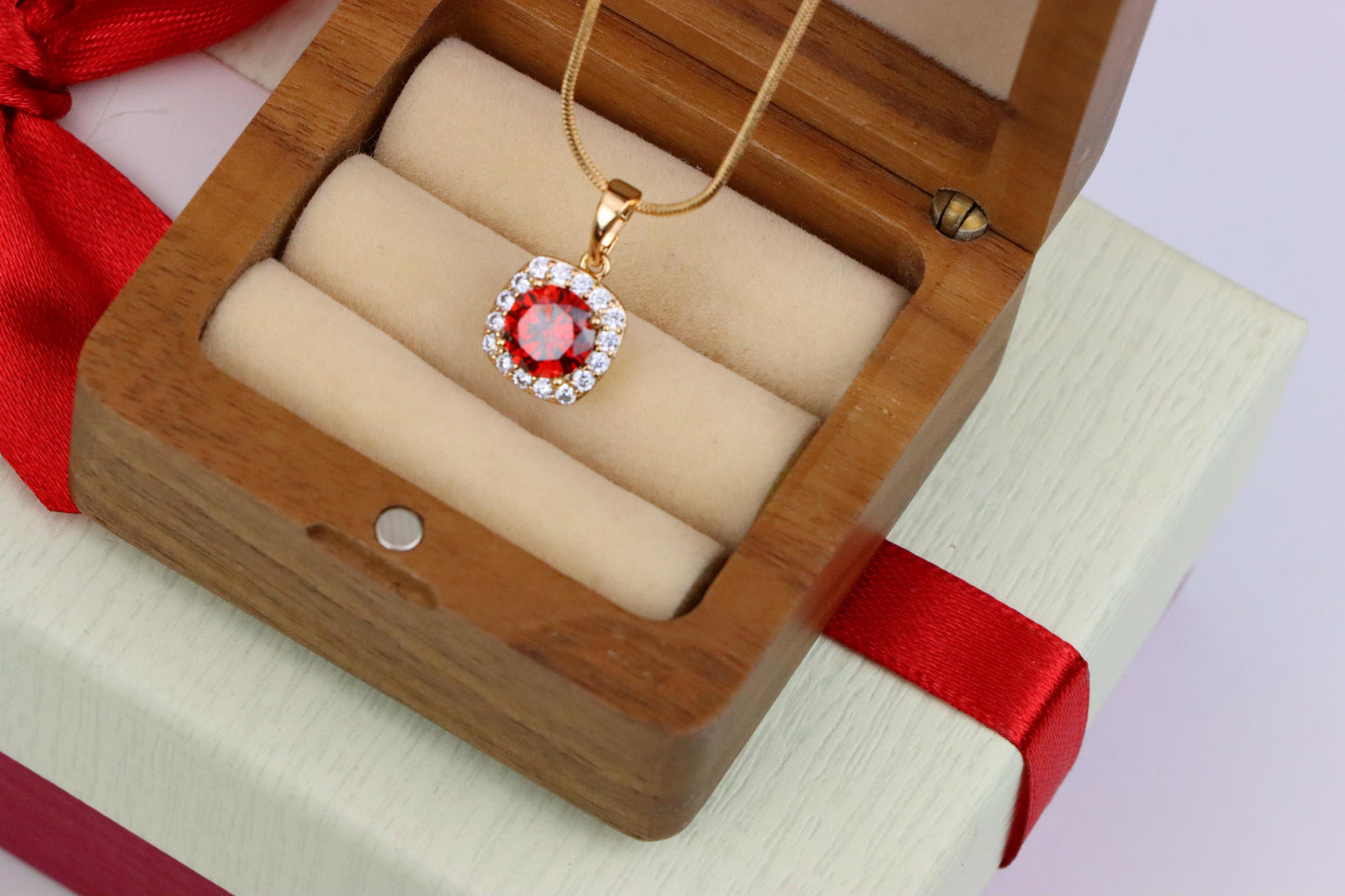 Red Round Stone Pendant in Gold Plated Brass with Crystal Halo, XPPT1773 (2152-8)