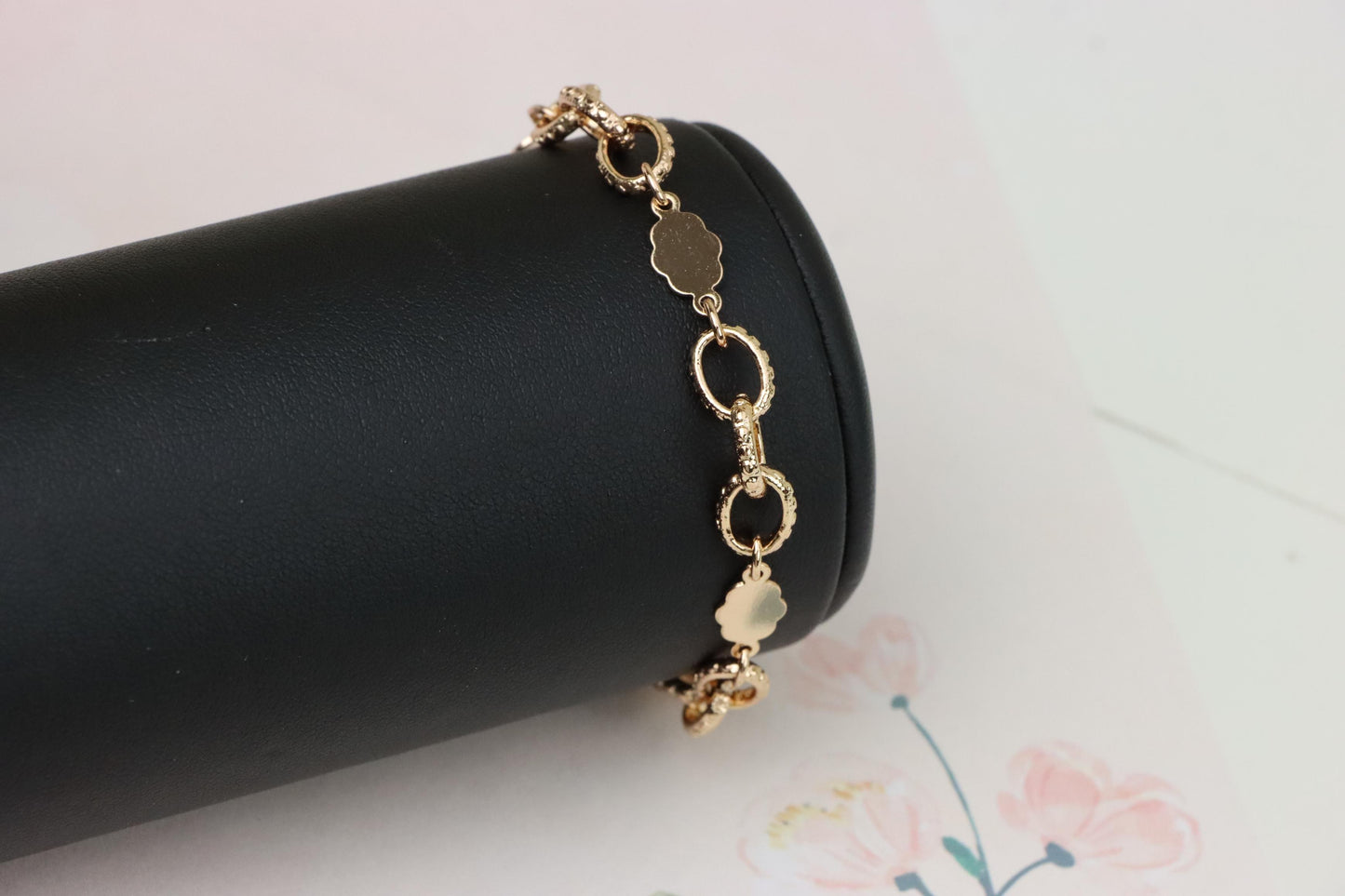 Rose Gold Bracelet with Polished Floral and Textured Ring Links, XPBL0991 (2099-10)
