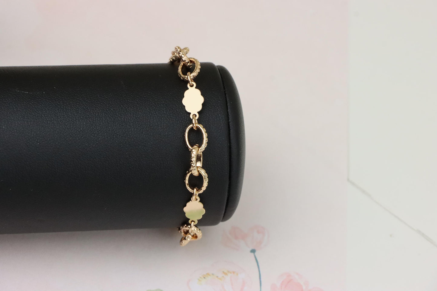Rose Gold Bracelet with Polished Floral and Textured Ring Links, XPBL0991 (2099-10)