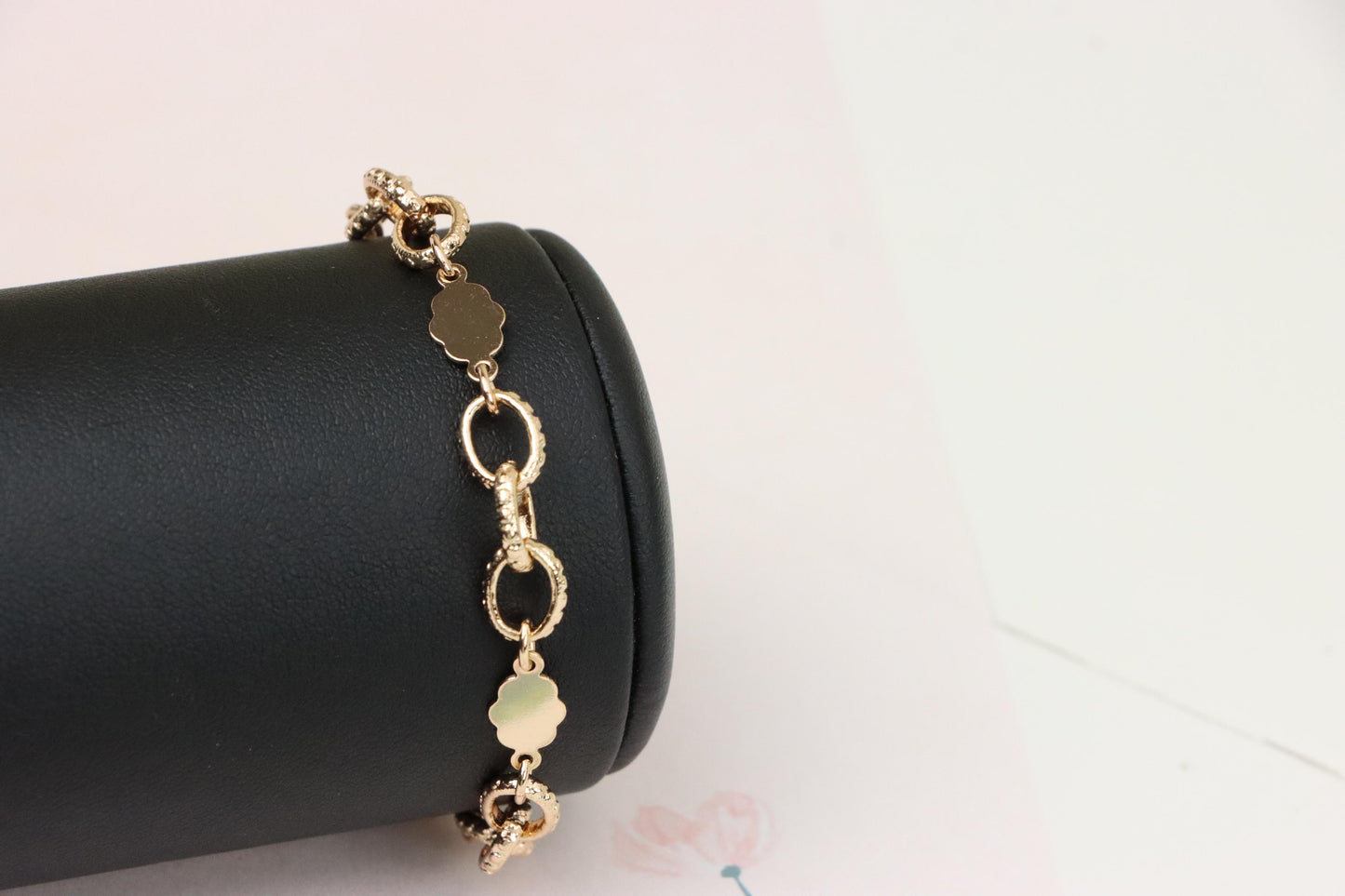 Rose Gold Bracelet with Polished Floral and Textured Ring Links, XPBL0991 (2099-10)