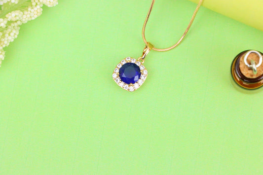 Blue Round Stone Pendant in Gold Plated Brass with Crystal Accents, XPPT1774 (2152-8)