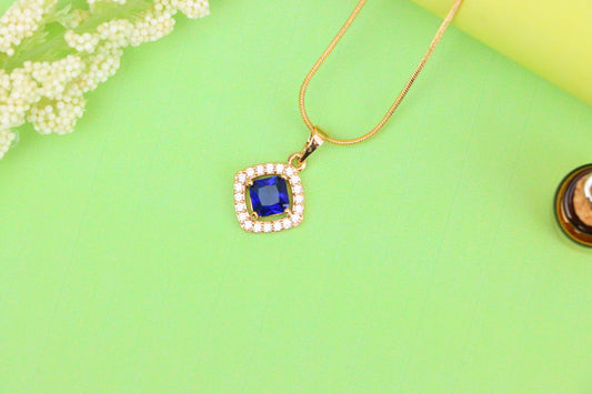 Blue Princess-Cut Pendant with Crystal Halo in Gold Plated Brass, XPPT1791 (2153-1)