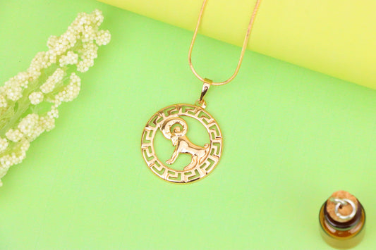 Zodiac Ram Rose Gold Round Pendant in Geometric Border Design, XPPT1328 (2132-7)