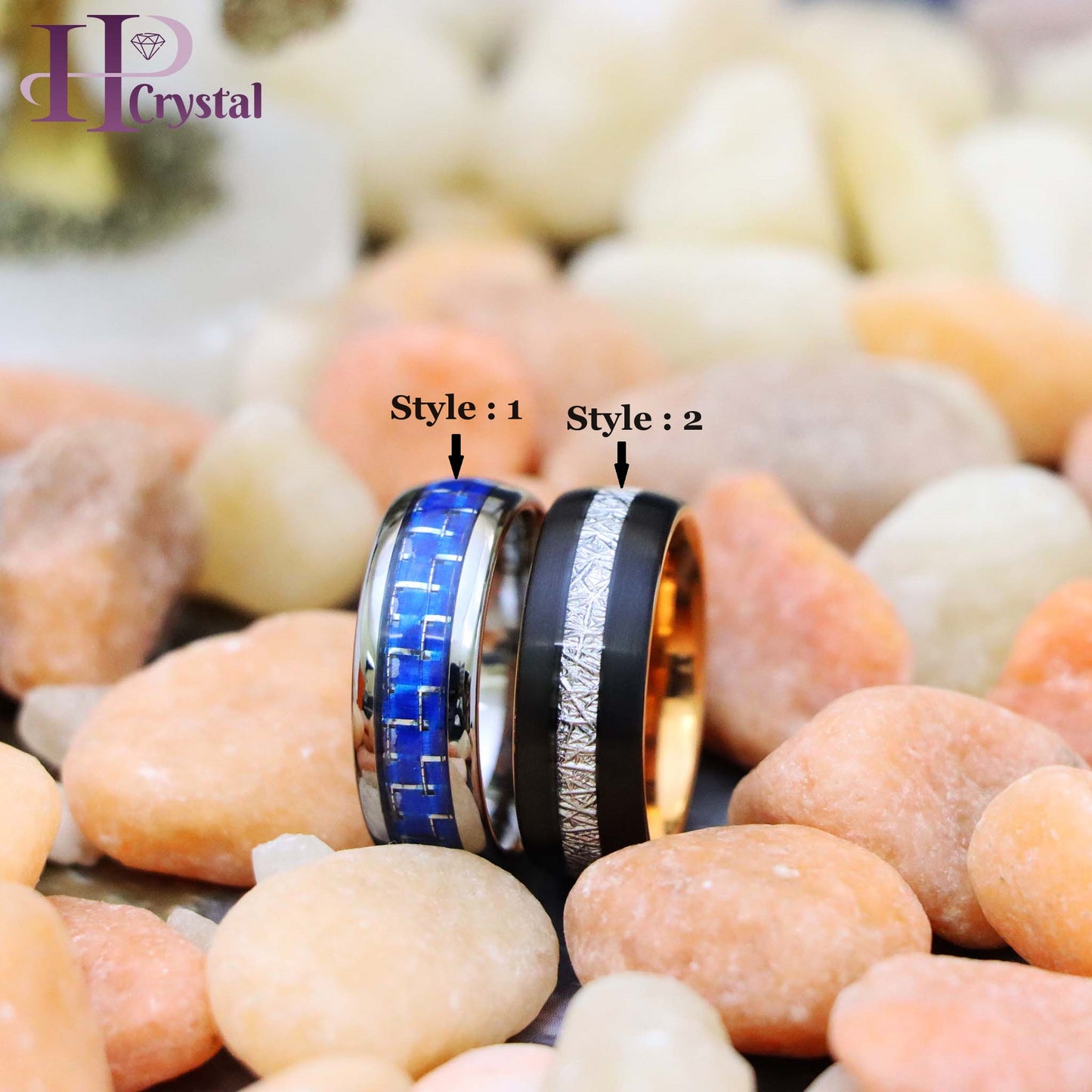 High Polish Blue Carbon Fiber Inlay/Rose Gold IP Plated Inside & Black IP Plated Imitation Meteorite Inlay Tungsten Ring