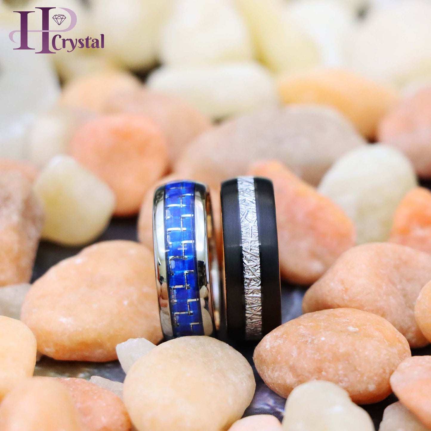 High Polish Blue Carbon Fiber Inlay/Rose Gold IP Plated Inside & Black IP Plated Imitation Meteorite Inlay Tungsten Ring