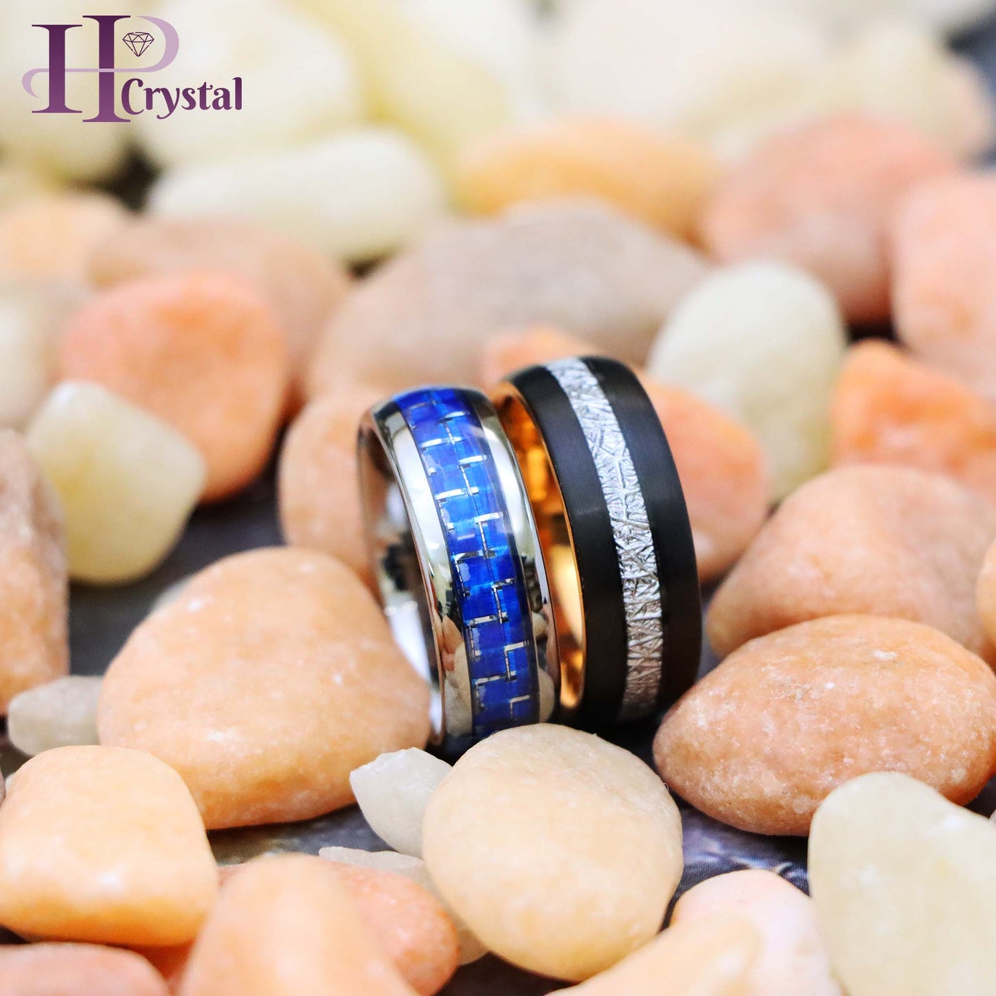 High Polish Blue Carbon Fiber Inlay/Rose Gold IP Plated Inside & Black IP Plated Imitation Meteorite Inlay Tungsten Ring