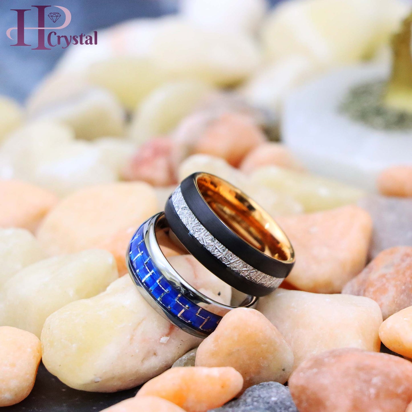 High Polish Blue Carbon Fiber Inlay/Rose Gold IP Plated Inside & Black IP Plated Imitation Meteorite Inlay Tungsten Ring