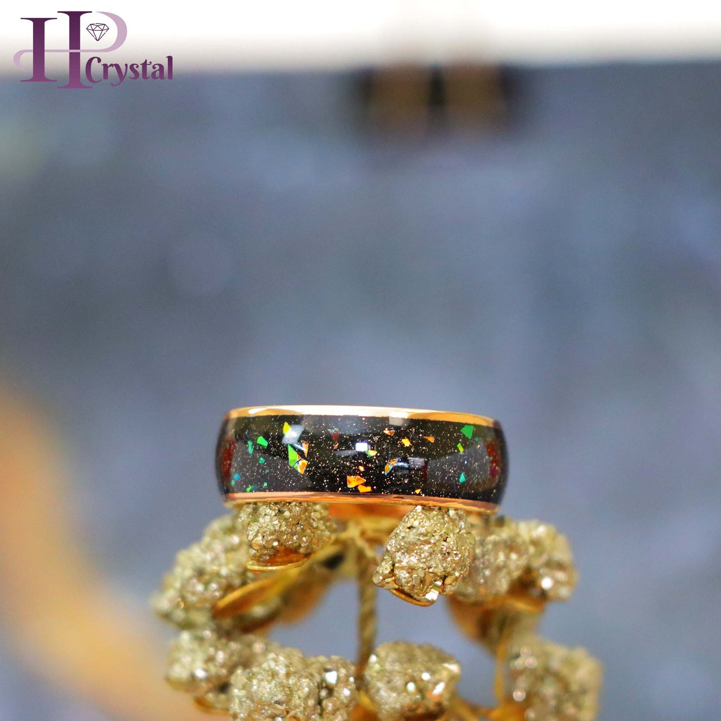 Black IP / Rose Gold IP Domed with Synthetic Opal & Abalone Fragments Inlay Tungsten Ring