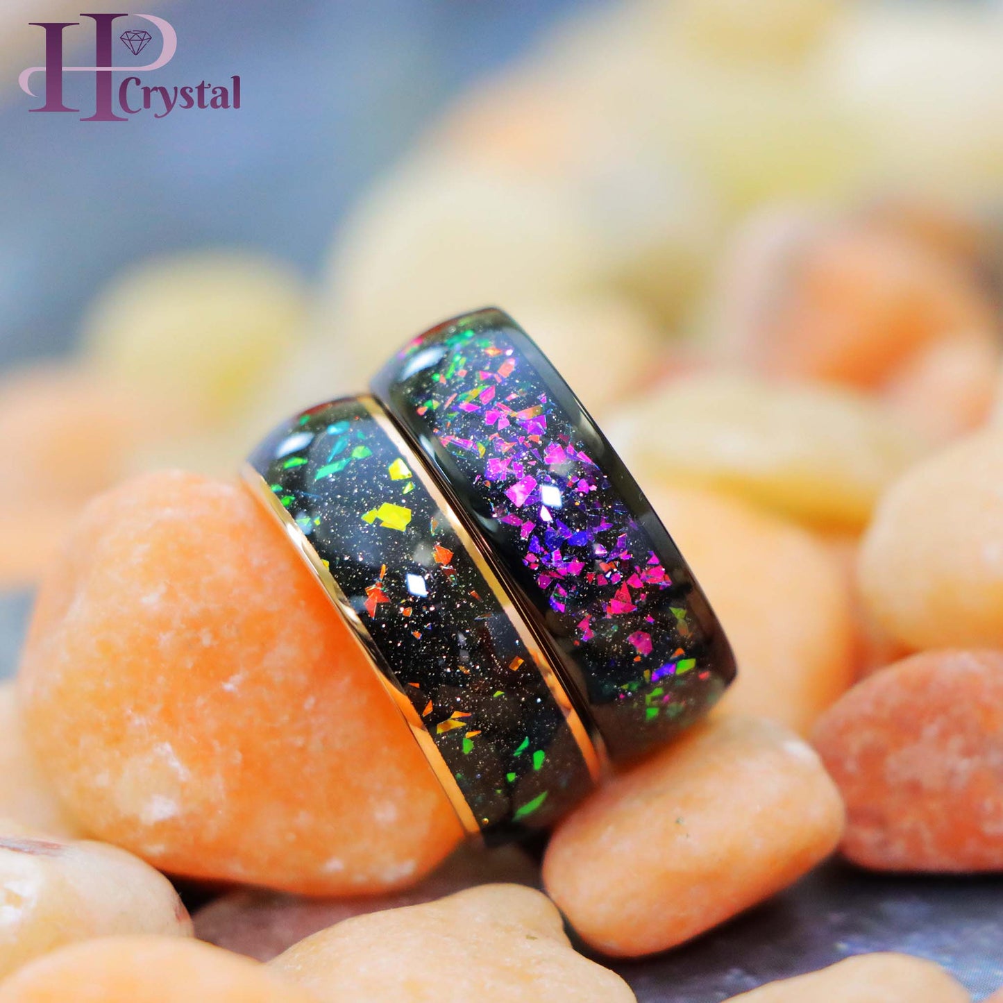 Black IP / Rose Gold IP Domed with Synthetic Opal & Abalone Fragments Inlay Tungsten Ring