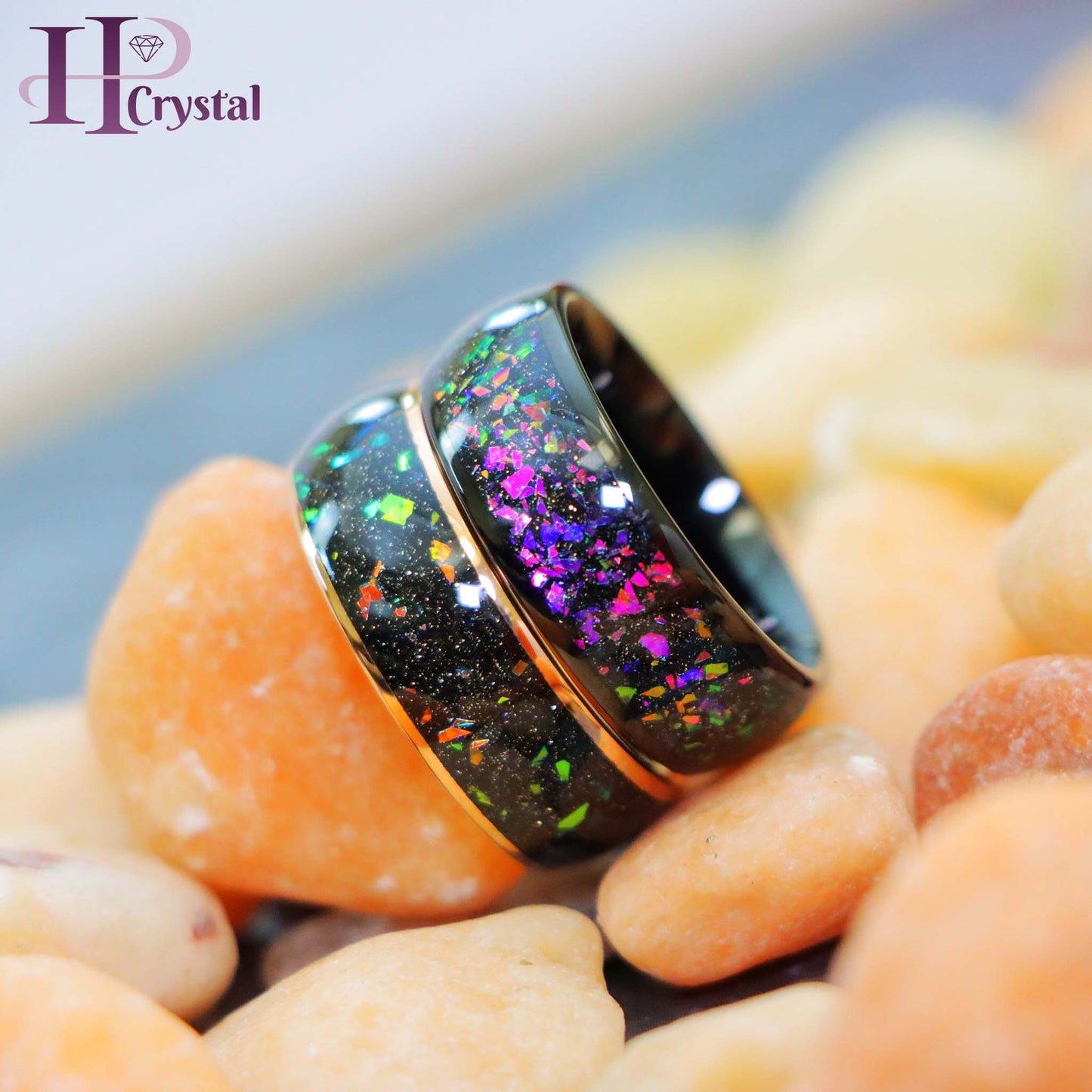 Black IP / Rose Gold IP Domed with Synthetic Opal & Abalone Fragments Inlay Tungsten Ring