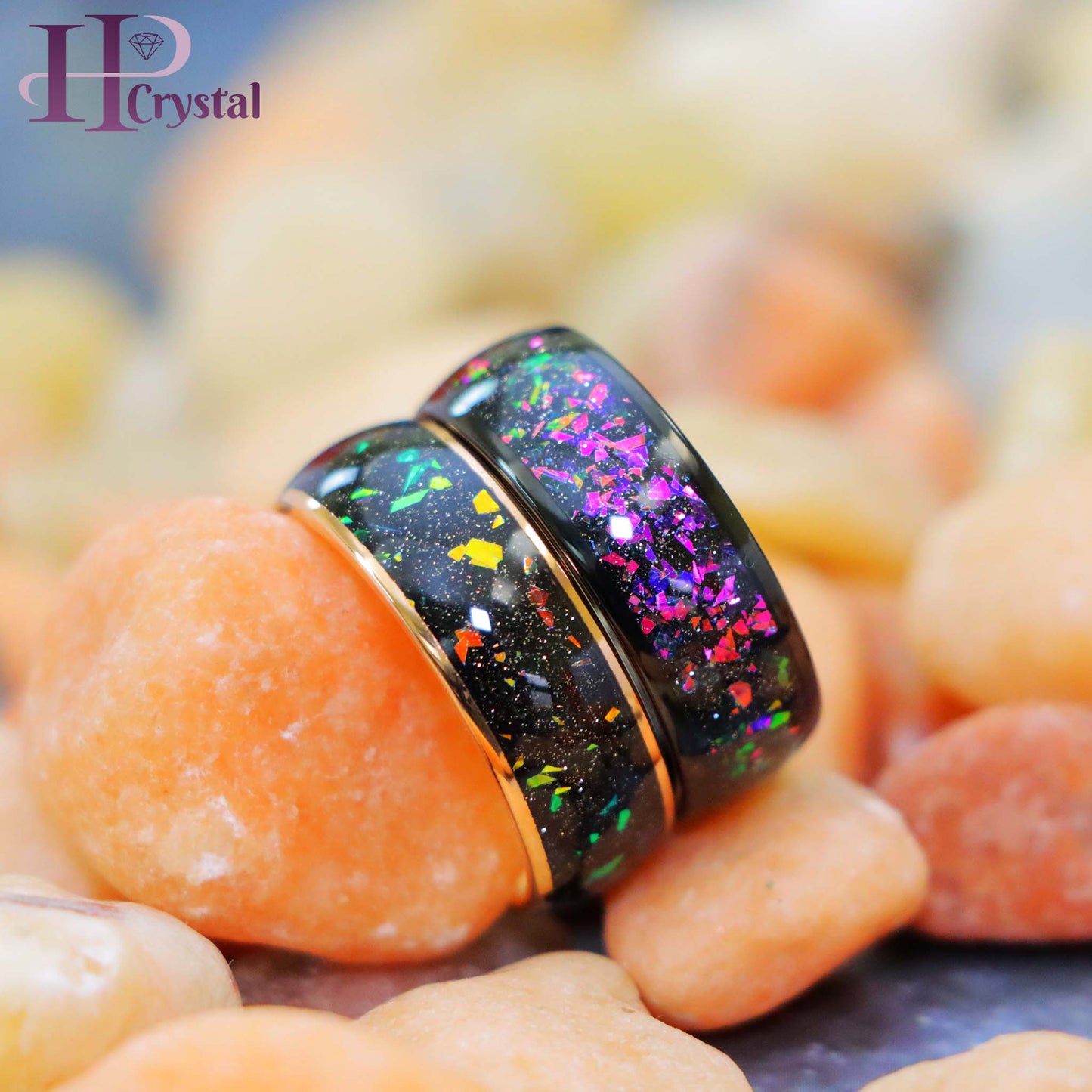 Black IP / Rose Gold IP Domed with Synthetic Opal & Abalone Fragments Inlay Tungsten Ring