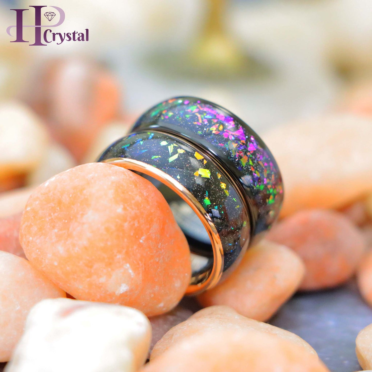 Black IP / Rose Gold IP Domed with Synthetic Opal & Abalone Fragments Inlay Tungsten Ring