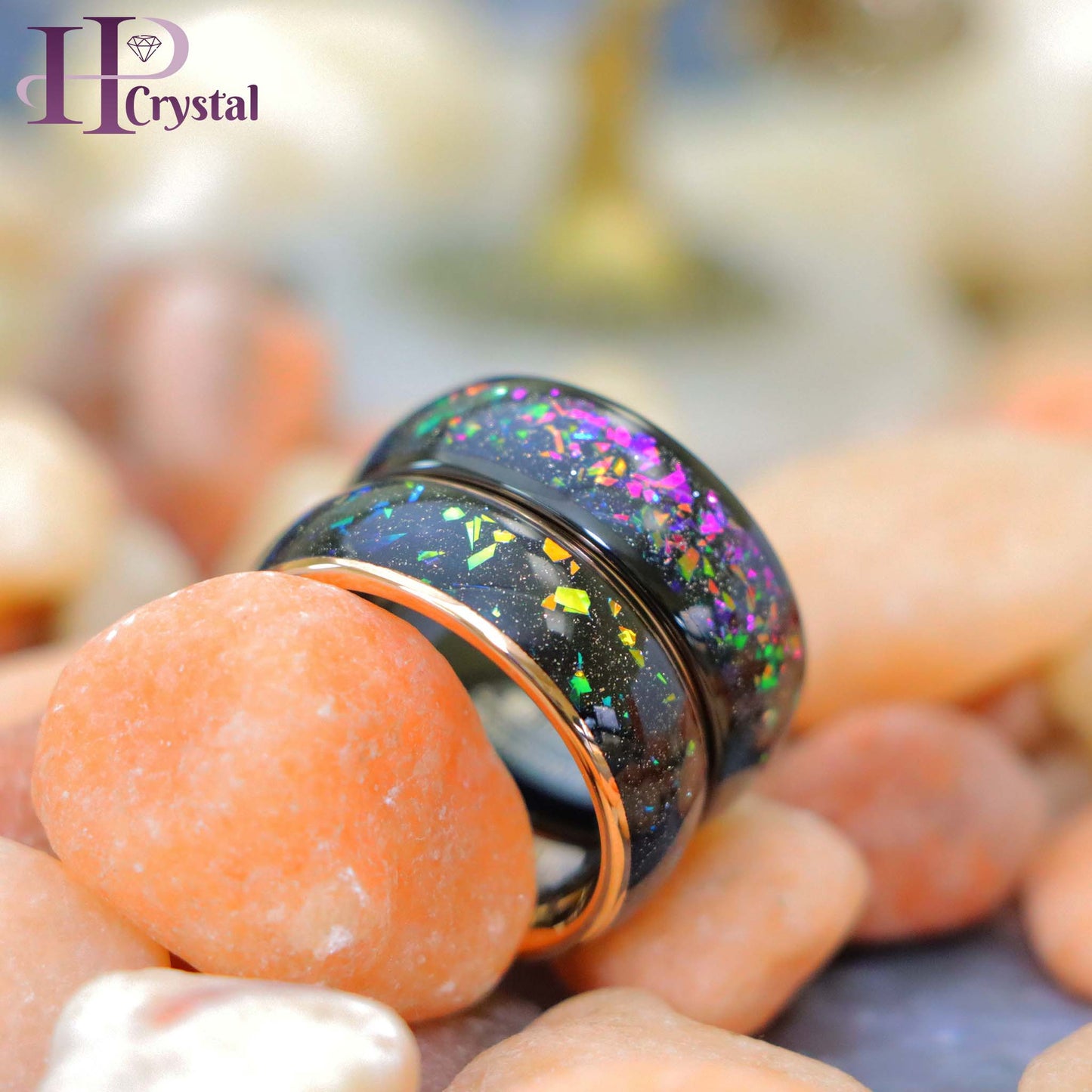 Black IP / Rose Gold IP Domed with Synthetic Opal & Abalone Fragments Inlay Tungsten Ring