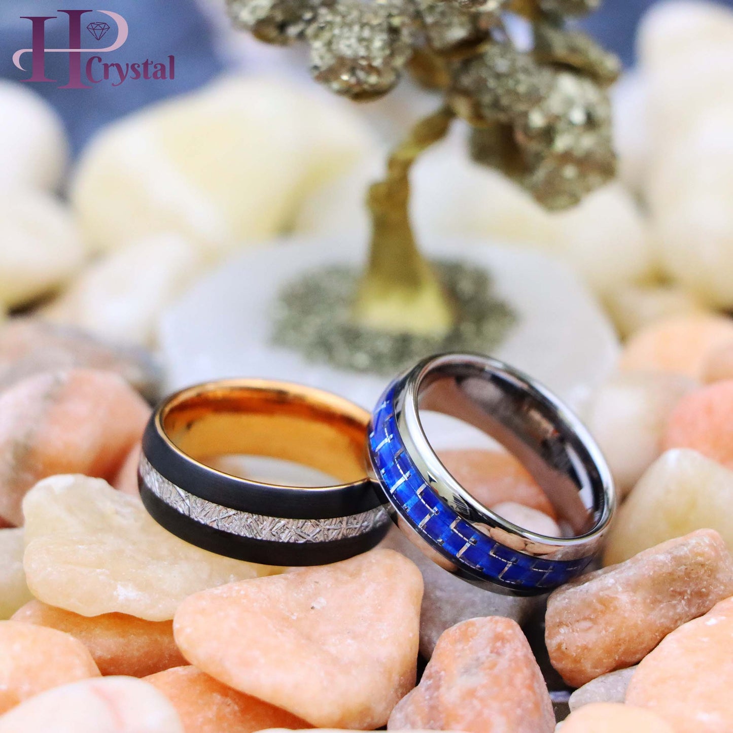 High Polish Blue Carbon Fiber Inlay/Rose Gold IP Plated Inside & Black IP Plated Imitation Meteorite Inlay Tungsten Ring