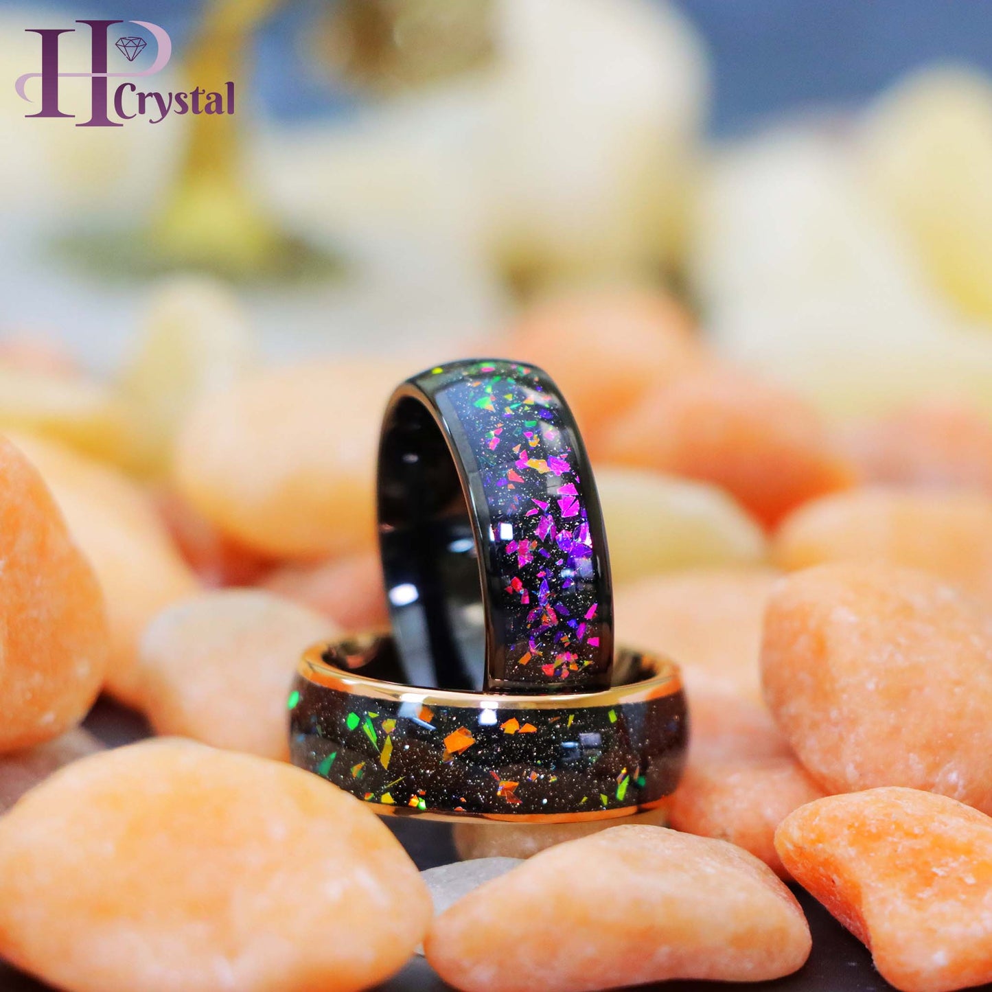 Black IP / Rose Gold IP Domed with Synthetic Opal & Abalone Fragments Inlay Tungsten Ring