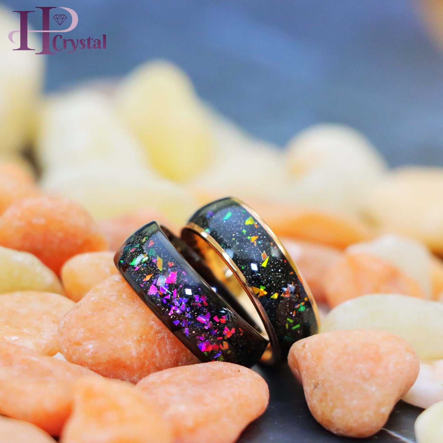 Black IP / Rose Gold IP Domed with Synthetic Opal & Abalone Fragments Inlay Tungsten Ring