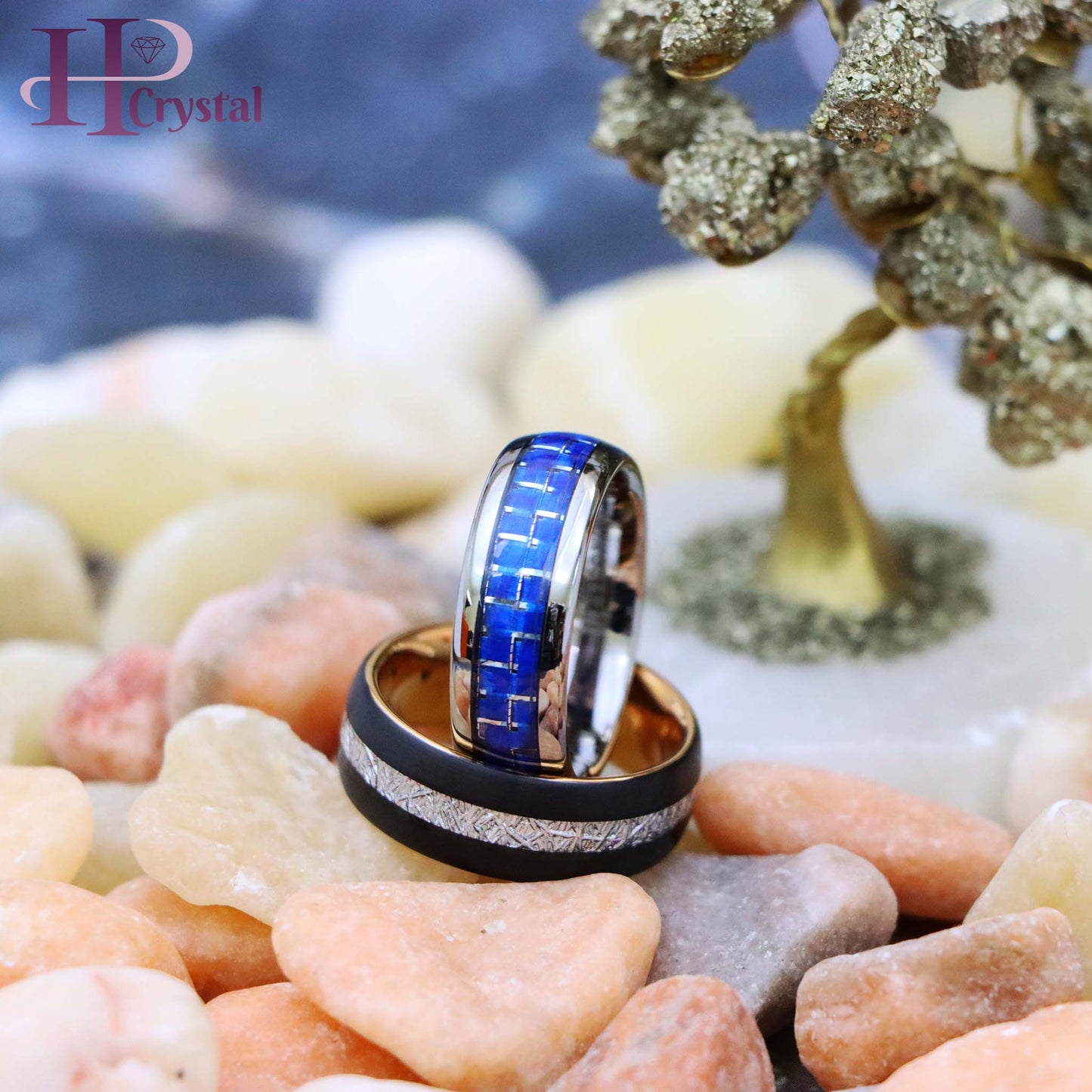 High Polish Blue Carbon Fiber Inlay/Rose Gold IP Plated Inside & Black IP Plated Imitation Meteorite Inlay Tungsten Ring