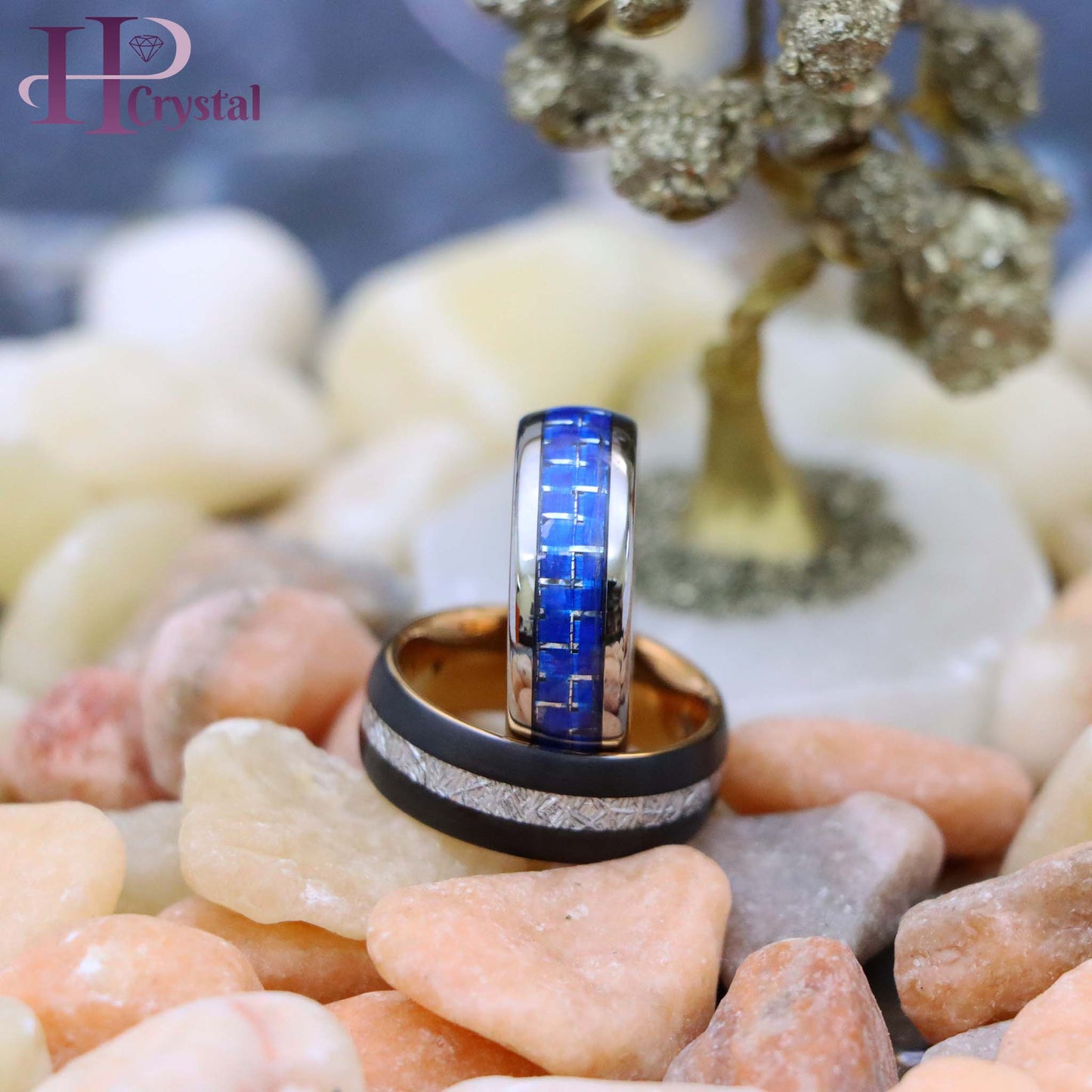 High Polish Blue Carbon Fiber Inlay/Rose Gold IP Plated Inside & Black IP Plated Imitation Meteorite Inlay Tungsten Ring