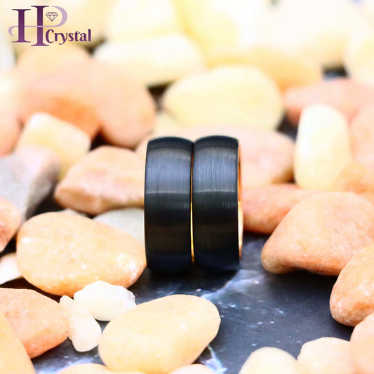 Domed Yellow Gold IP Plated Inside & Black IP Plated Brushed Center Tungsten Ring