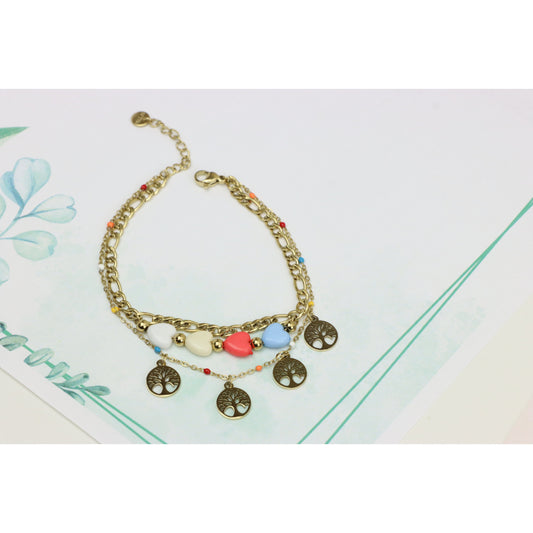 Trendy Yellow Gold Plated Heart &amp; Tree Charm Bracelet for Women, XPBL0652 (2066-1)
