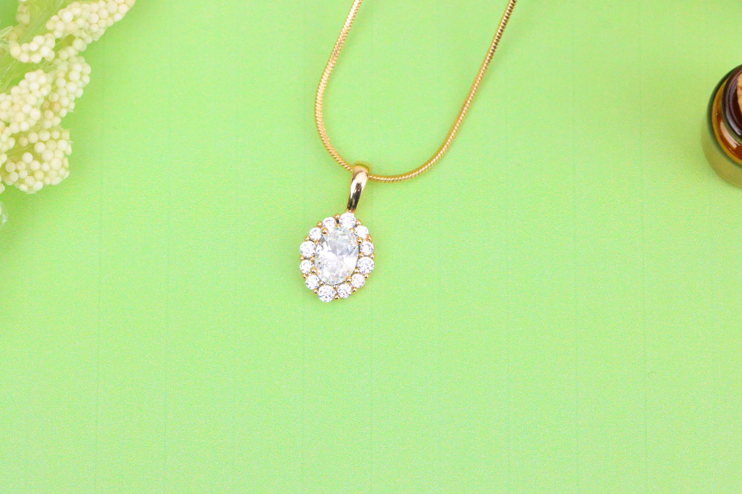 Oval White Pendant with Halo Design in Gold-Plated Brass Setting, XPPT1812 (2153-4)