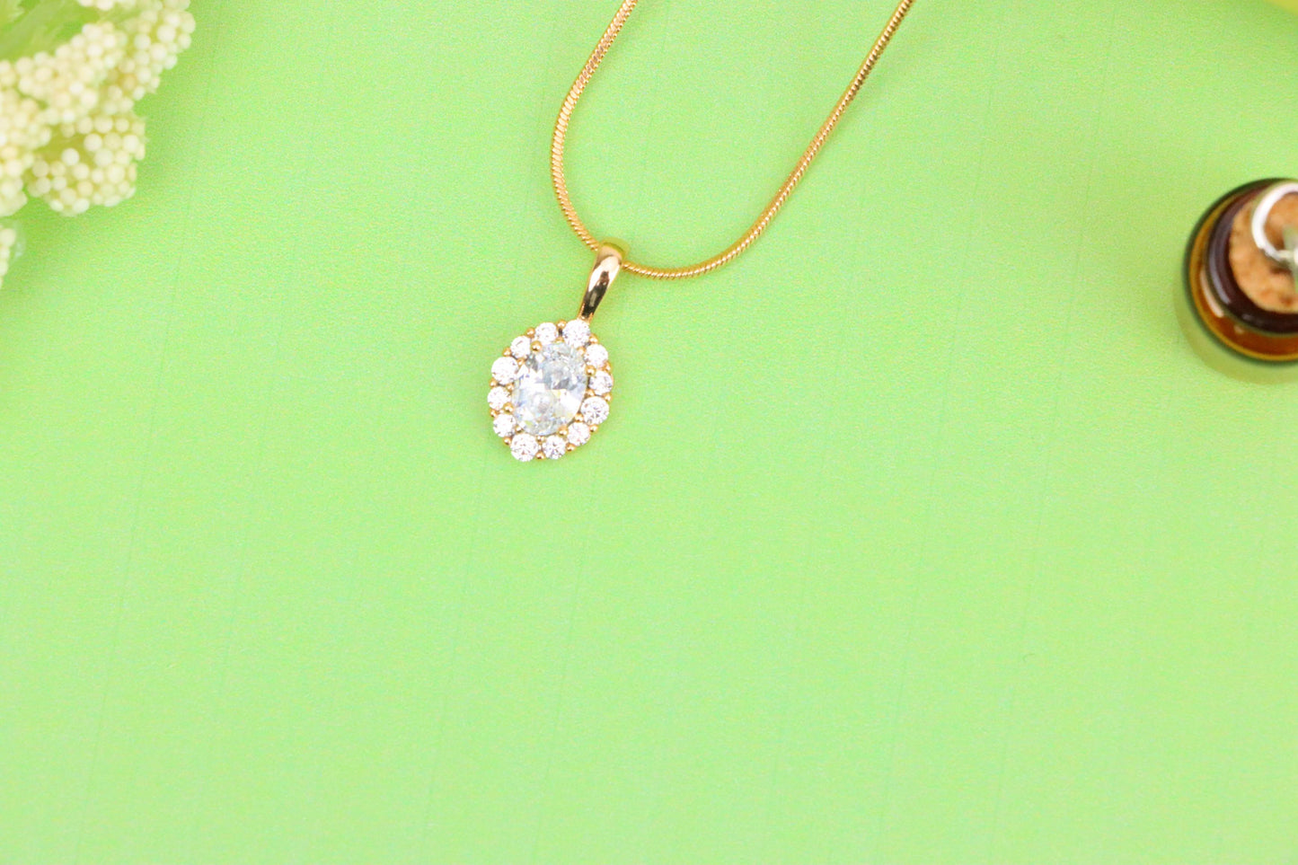 Oval White Pendant with Halo Design in Gold-Plated Brass Setting, XPPT1812 (2153-4)