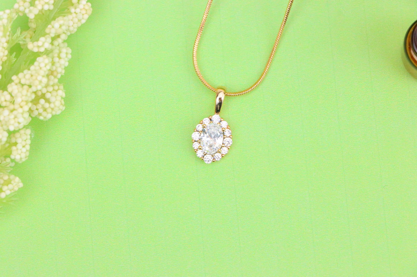 Oval White Pendant with Halo Design in Gold-Plated Brass Setting, XPPT1812 (2153-4)