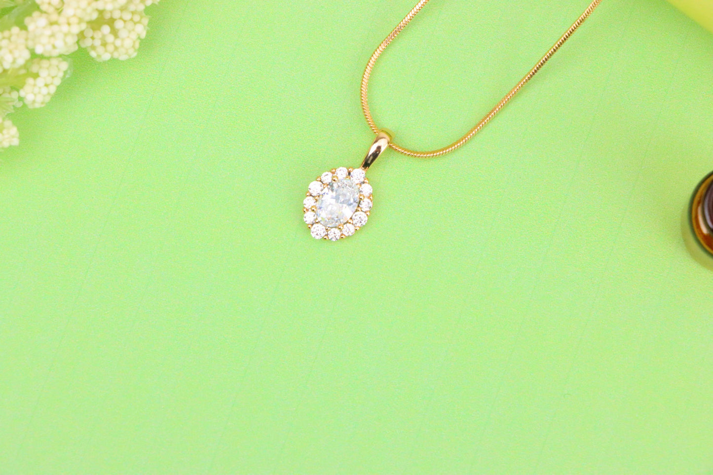 Oval White Pendant with Halo Design in Gold-Plated Brass Setting, XPPT1812 (2153-4)