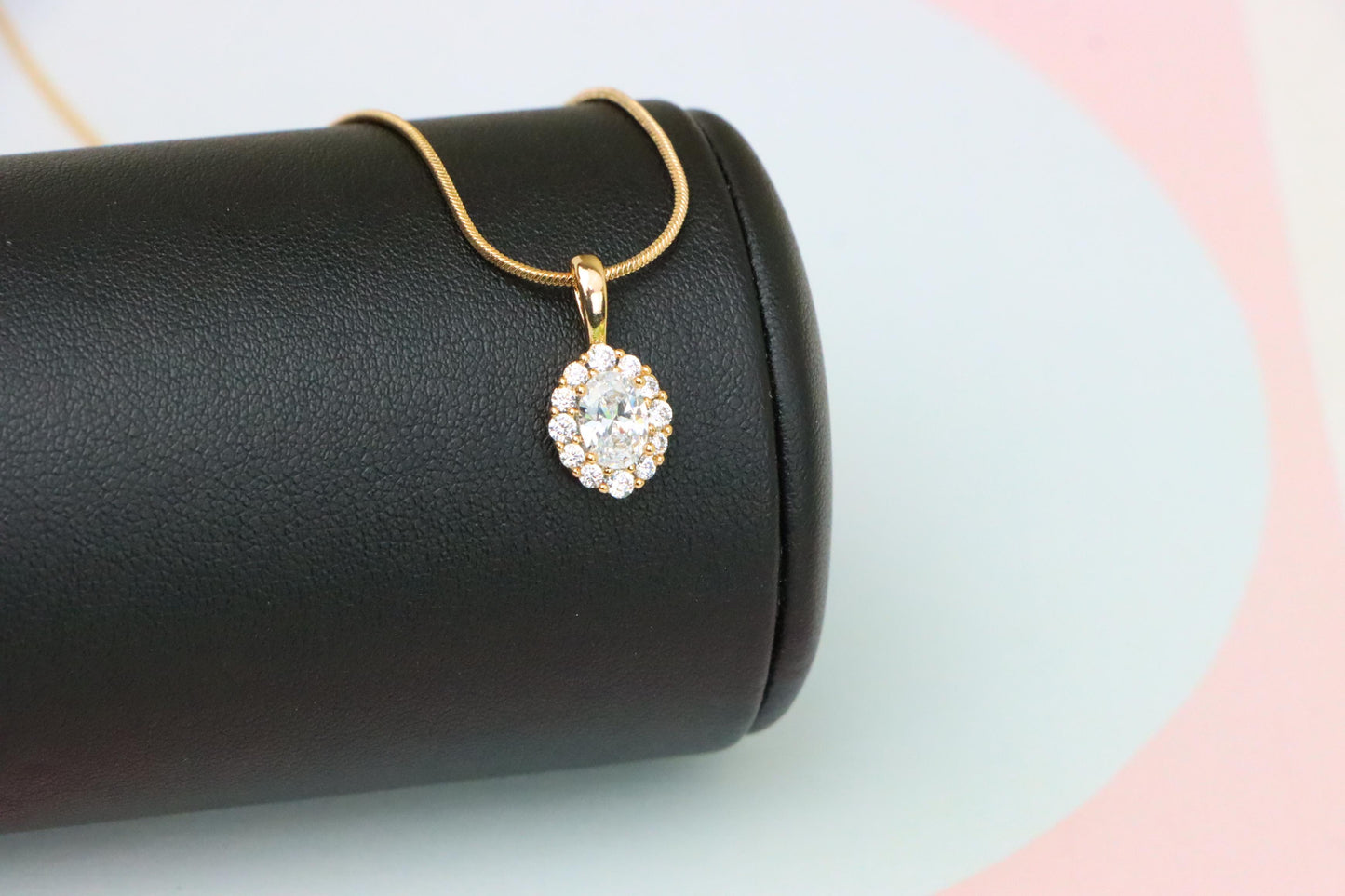Oval White Pendant with Halo Design in Gold-Plated Brass Setting, XPPT1812 (2153-4)